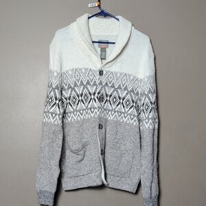 St John's Bay Cream/Gray/Light Brown Patterned Full Button Sweater L